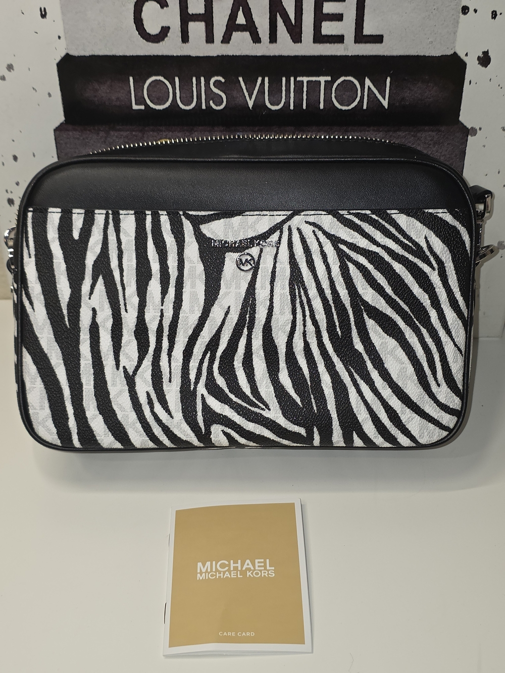 Michael Kors Black & White Zebra-Print Crossbody Bag with Leather Trim
